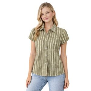 Theory Puff Short Sleeves Button Down Shirt Blouse Olive Green Ivory Sz S NWOT